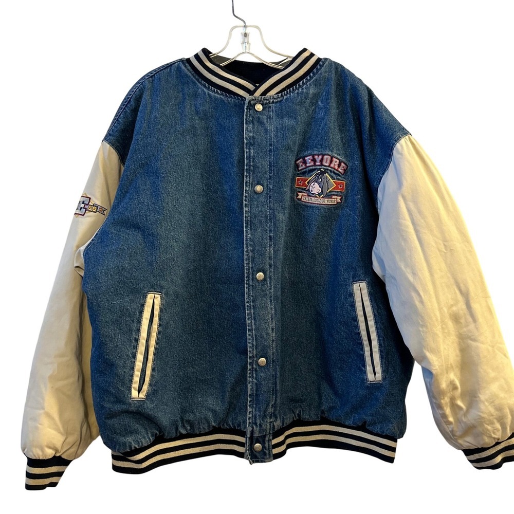 Disney Store Eeyore Denim Varsity Jacket Beige Sleeves Embroidered Adult XL